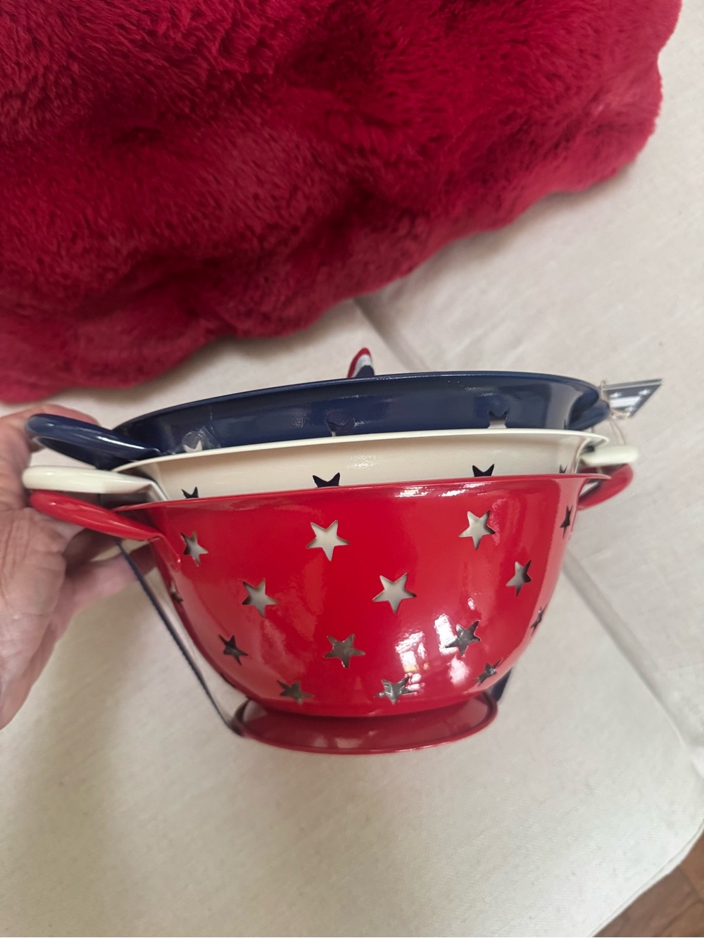 PATRIOTIC METAL RED WHITE BLUE METAL  “STAR COLANDERS” SET